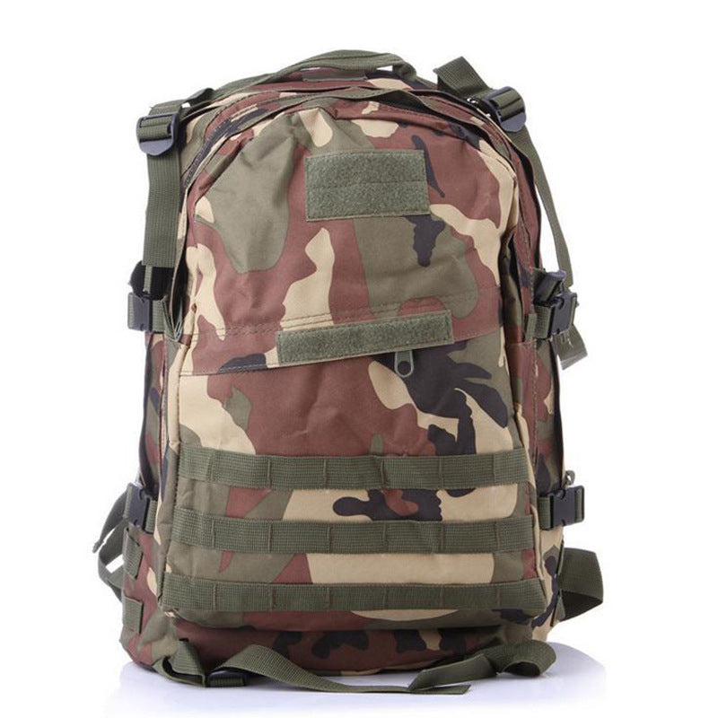 Camouflage tactical hiking backpack with multiple straps and MOLLE webbing, designed for outdoor mountaineering