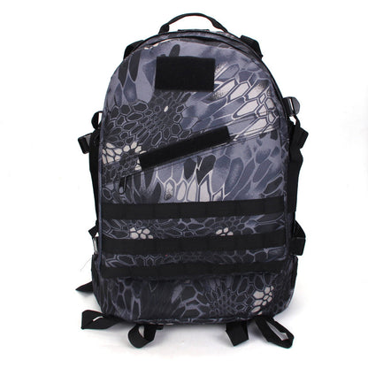 Black crepe tactical hiking backpack with hexagonal camouflage pattern and multiple straps