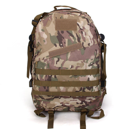 Camouflage tactical hiking backpack with multiple straps and MOLLE webbing on white background