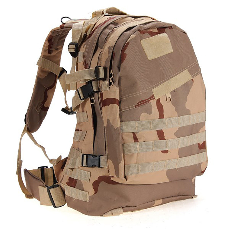 Desert camouflage tactical hiking backpack with multiple straps and compartments for outdoor use