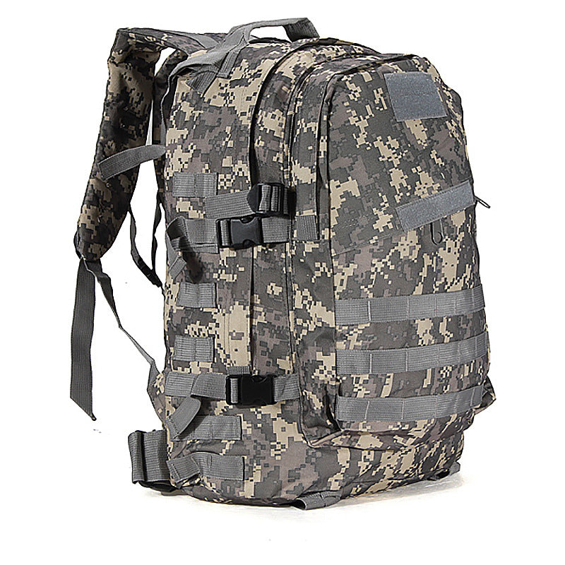 Digital camo tactical hiking backpack with multiple straps and buckles for outdoor use