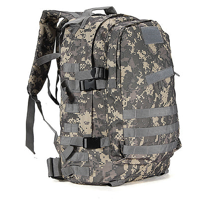 Digital camo tactical hiking backpack with multiple straps and buckles for outdoor use