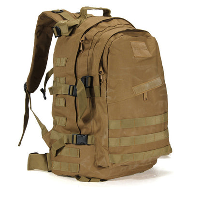 Brown tactical hiking backpack with multiple straps and MOLLE webbing, designed for outdoor mountaineering