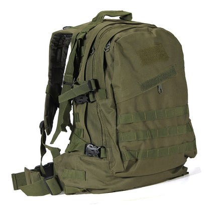 olive green tactical hiking backpack with multiple straps and MOLLE webbing on white background