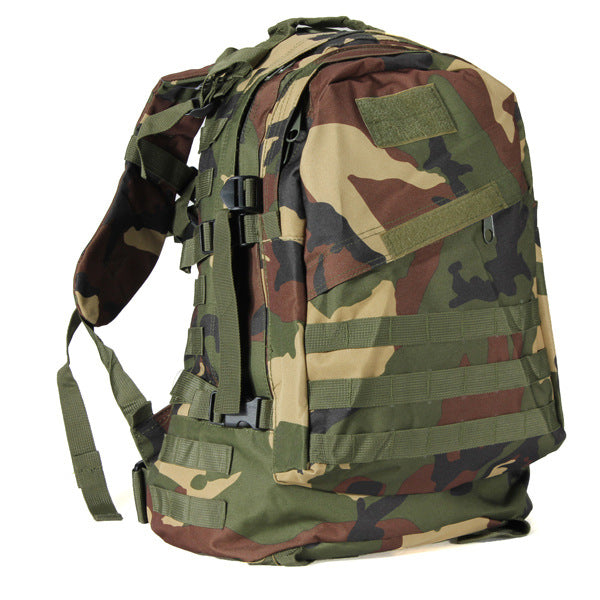 Camouflage tactical hiking backpack with multiple straps and compartments for outdoor mountaineering