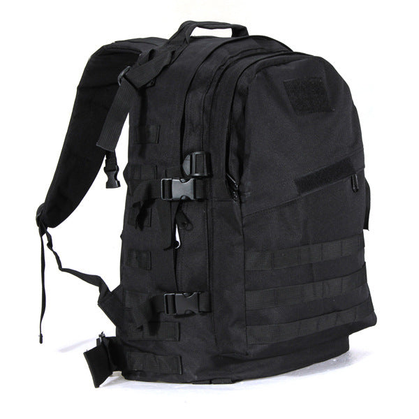 Black tactical hiking backpack with multiple straps, buckles, and MOLLE webbing for outdoor use