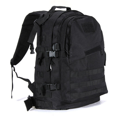 Black tactical hiking backpack with multiple straps, buckles, and MOLLE webbing for outdoor use