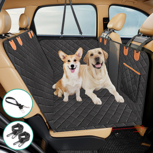 Black quilted waterproof dog car seat cover with two happy dogs on tan leather car back seat