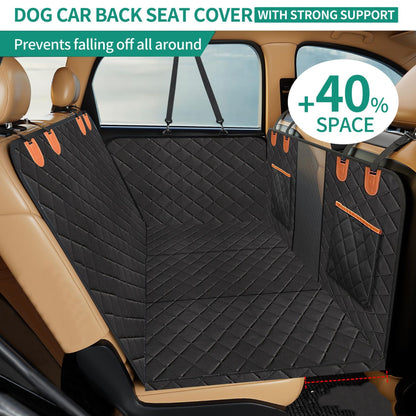 Black quilted dog car back seat cover with side flaps protecting tan car interior