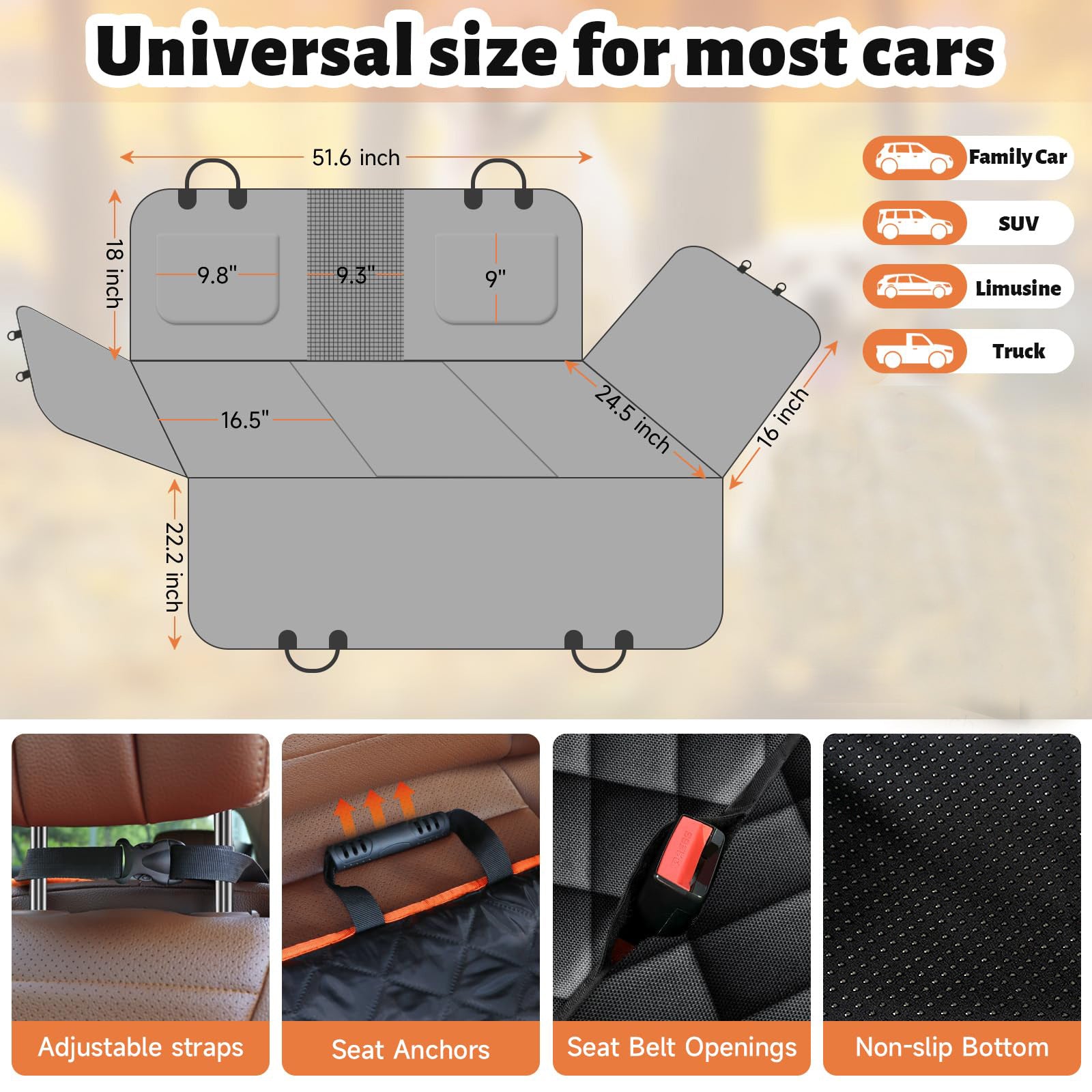 Universal black waterproof dog car seat cover with adjustable straps, seat anchors, seat belt openings, and non-slip bottom