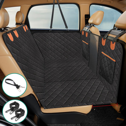 Black quilted waterproof dog car seat cover with pockets, universal fit on tan car backseat