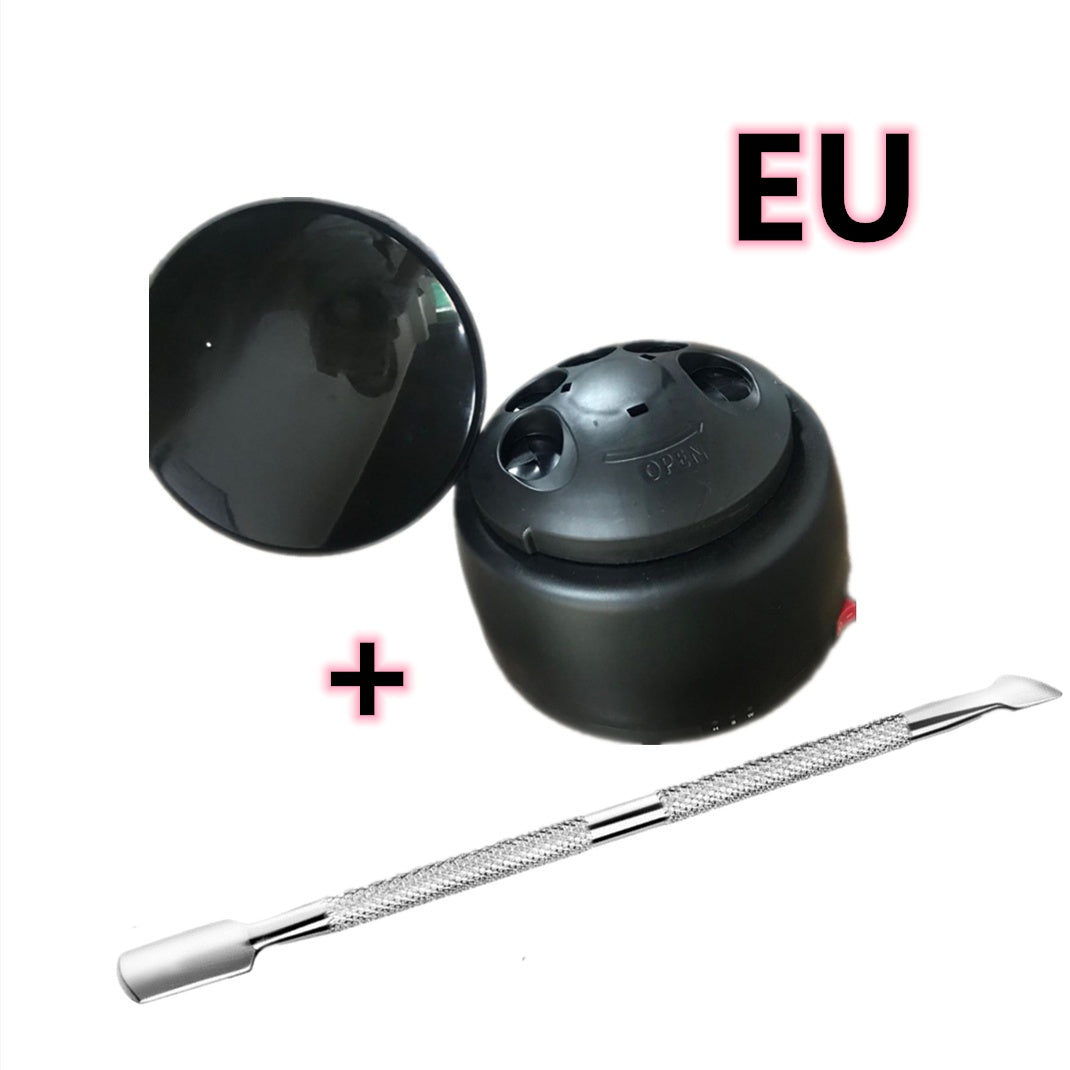 Black EU steam gel nail remover machine with open lid and metal dual-ended cuticle pusher