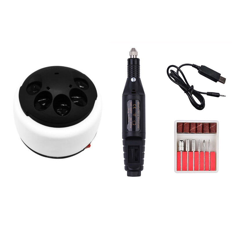 Black and white gel nail remover machine set with handpiece, USB cord, and nail drill bits