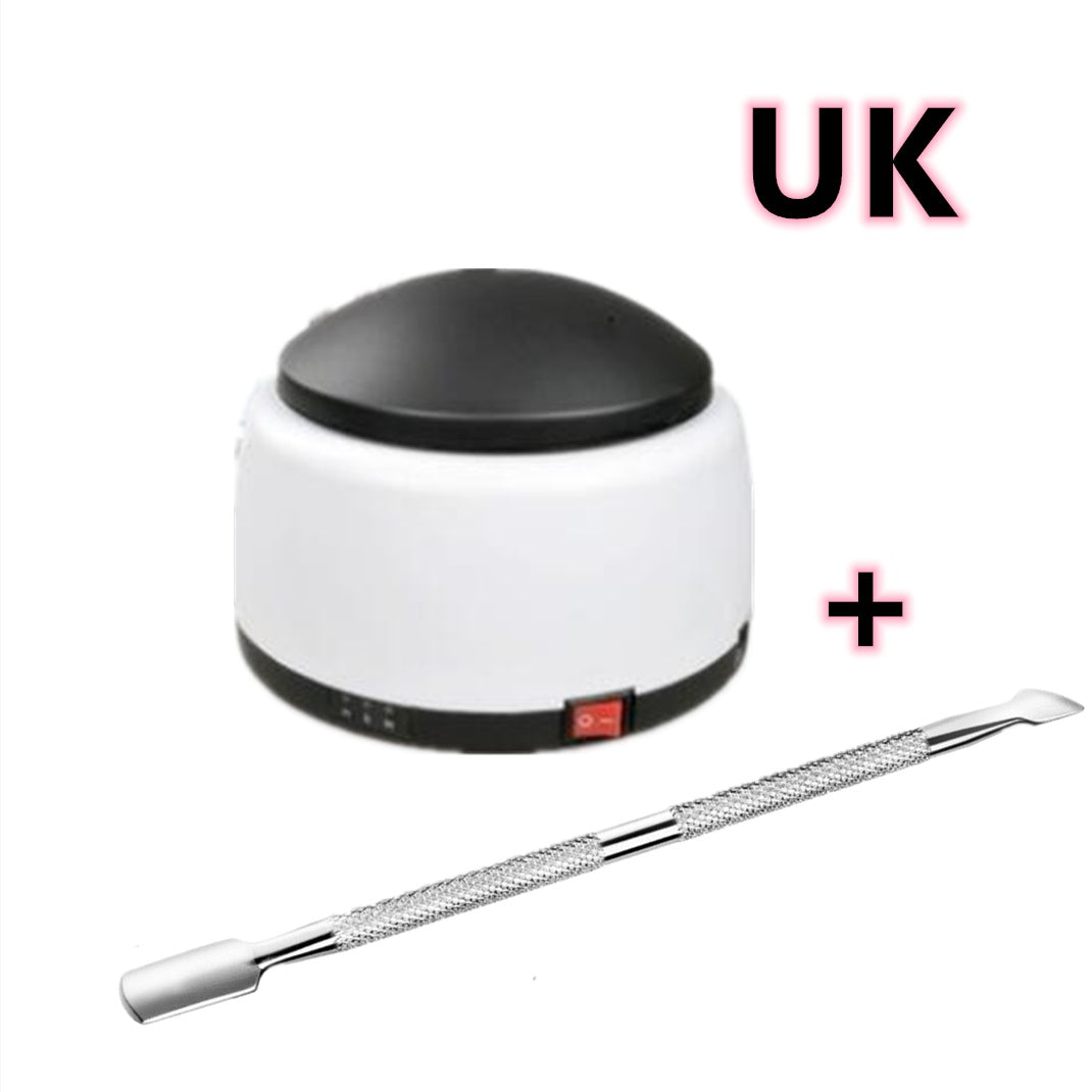 Black and white EU nail gel remover machine with silver double-ended cuticle pusher and UK label