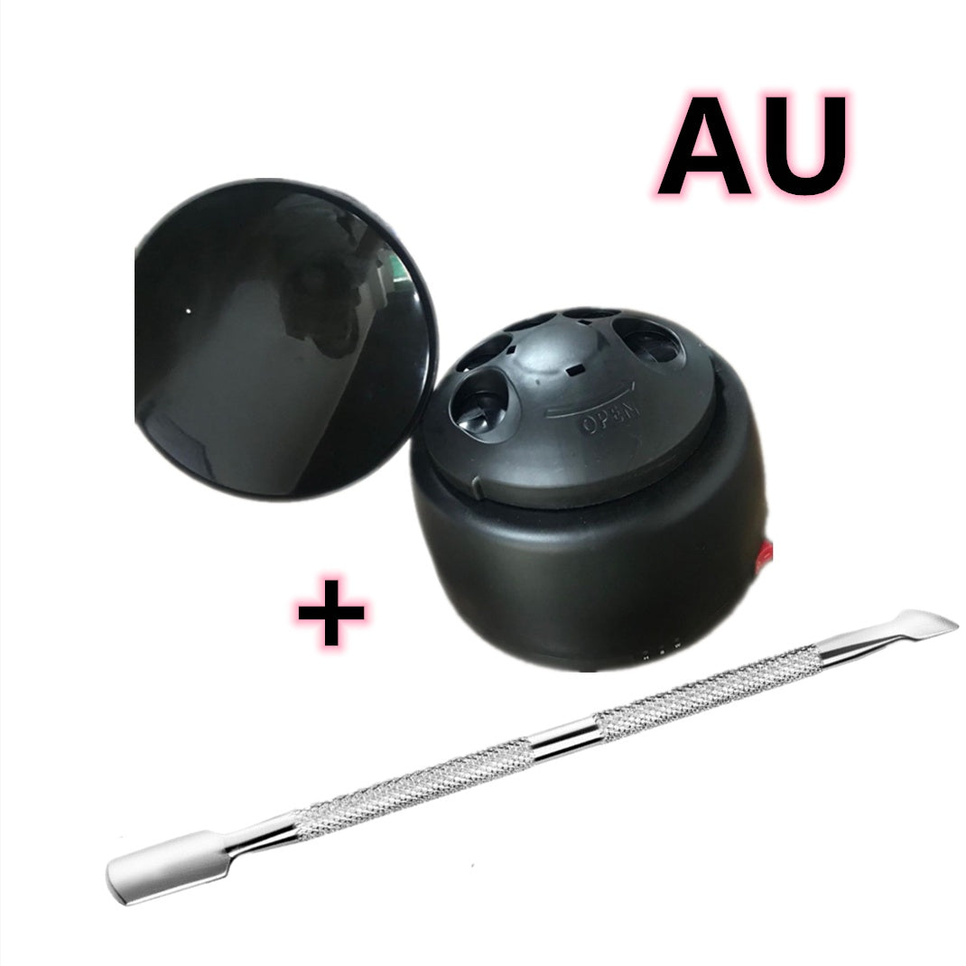 black Trendoligy steam gel nail remover machine with lid and silver stainless steel dual-ended cuticle pusher