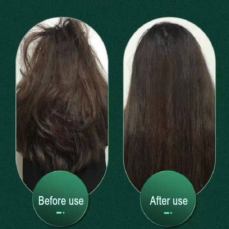 Before and after use comparison showing frizzy hair transformed into smooth straight hair