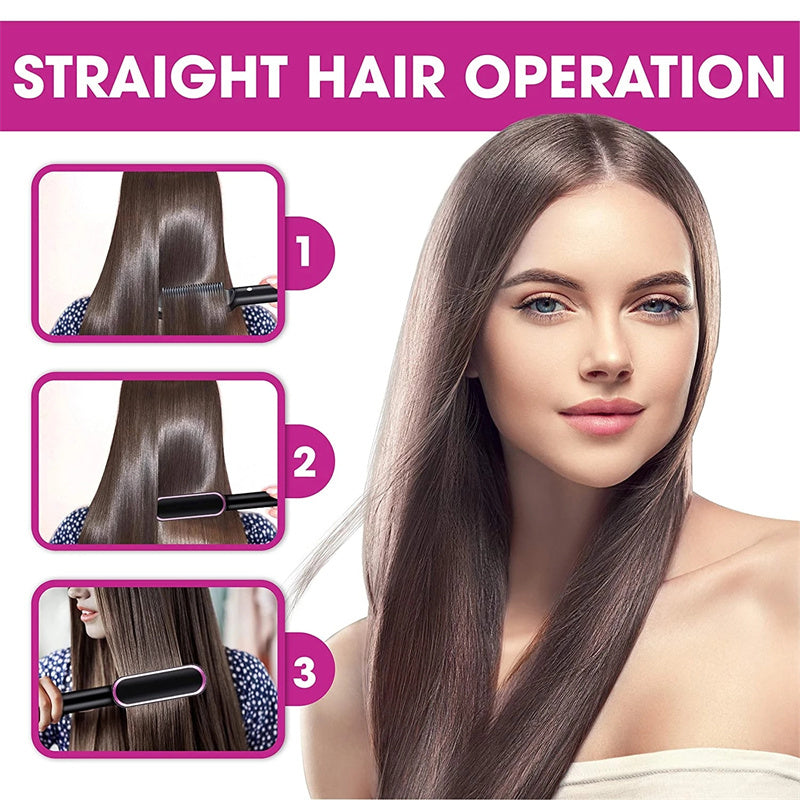 Step-by-step straight hair operation demo with tourmaline ceramic flat iron and hot comb brush on long brown hair