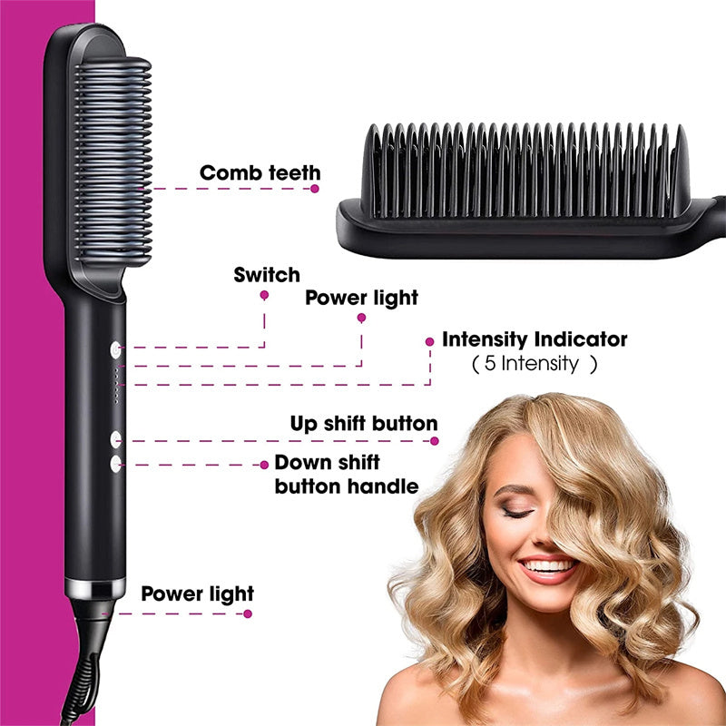 Black 2-in-1 hair straightener brush with comb teeth and control buttons, smiling woman with blonde wavy hair