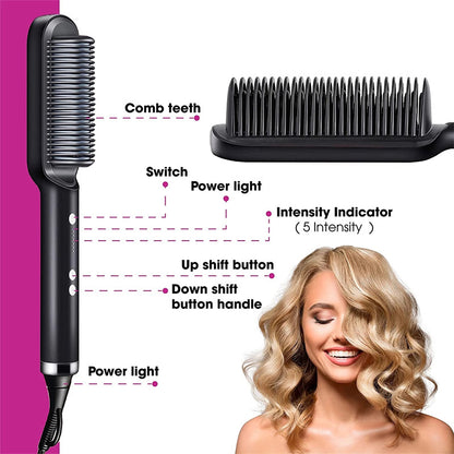 Black 2-in-1 hair straightener brush with comb teeth and control buttons, smiling woman with blonde wavy hair