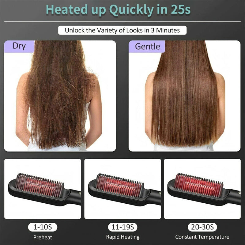 2-in-1 black tourmaline ceramic hair straightener brush showing dry vs smooth hair and heating stages