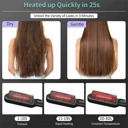 2-in-1 black tourmaline ceramic hair straightener brush showing dry vs smooth hair and heating stages