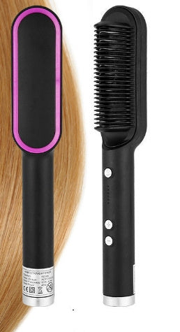 Black 2-in-1 hair straightener brush with purple trim and hot comb ceramic ceramic flat iron