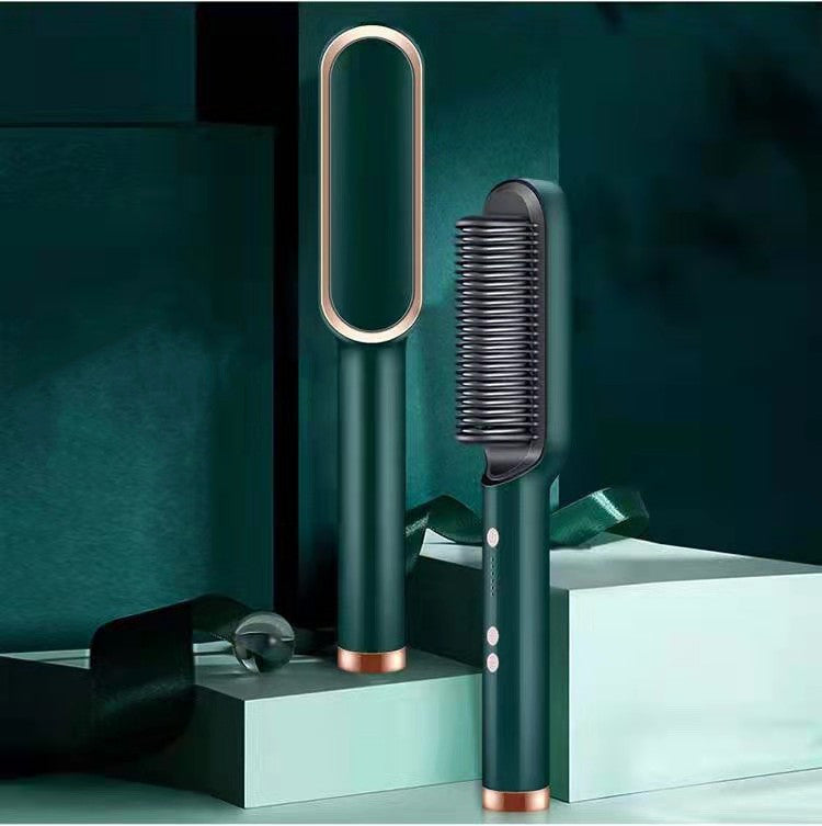 green and rose gold 2-in-1 hair straightener brush and hot comb on geometric teal display