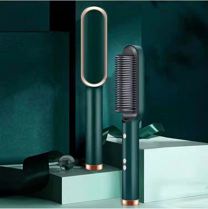 green and rose gold 2-in-1 hair straightener brush and hot comb on geometric teal display