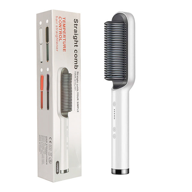White 2-in-1 hair straightener and hot comb brush with ceramic plates and temperature control