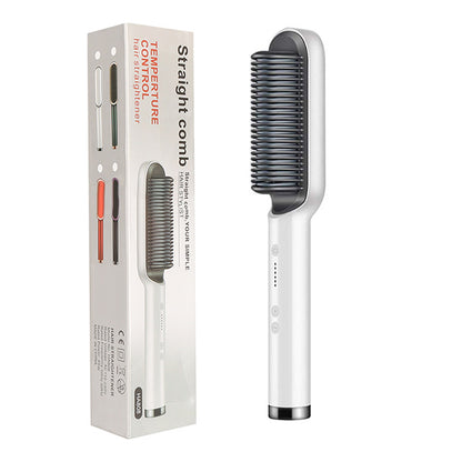 White 2-in-1 hair straightener and hot comb brush with ceramic plates and temperature control