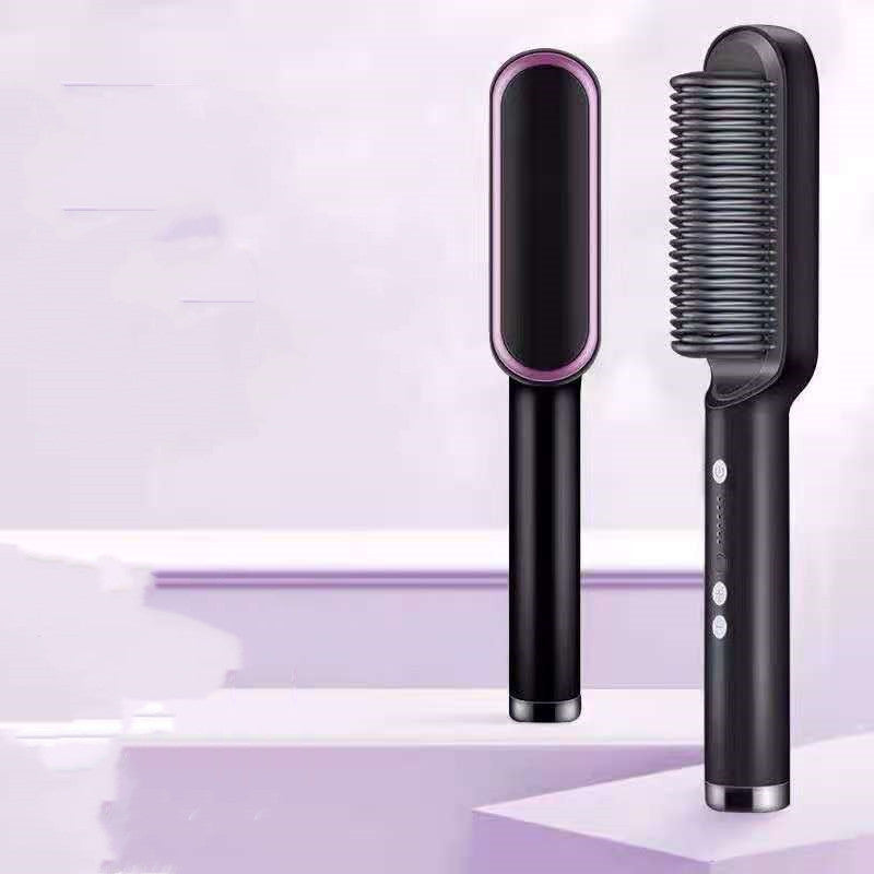 Black 2-in-1 hair straightener with ceramic tourmaline flat iron and hot comb brush on lavender background