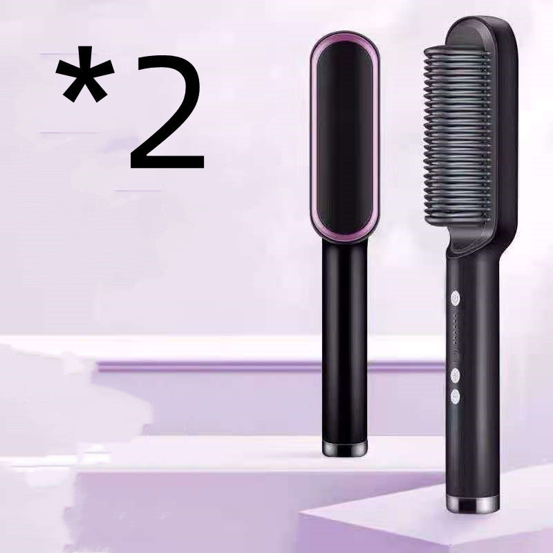 Black 2-in-1 hair straightener brush with tourmaline ceramic flat iron and hot comb on purple background
