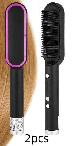 2pcs black tourmaline ceramic hair straightener brushes with hot comb design on blonde hair