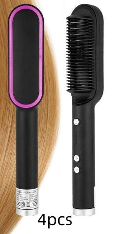 Black 2-in-1 hair straightener brush with tourmaline ceramic plates and hot comb, shown with blonde hair