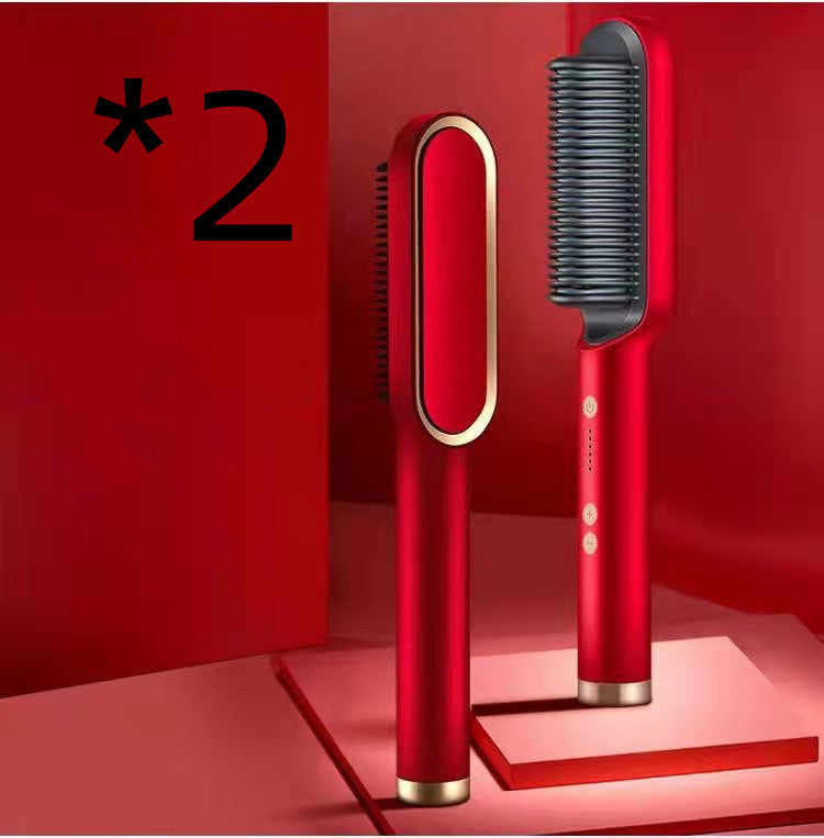 Red 2-in-1 hair straightener and hot comb brush with sleek design, black bristles, and gold accents