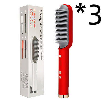 Red 2-in-1 hair straightener comb with ceramic bristles and packaging box, temperature control