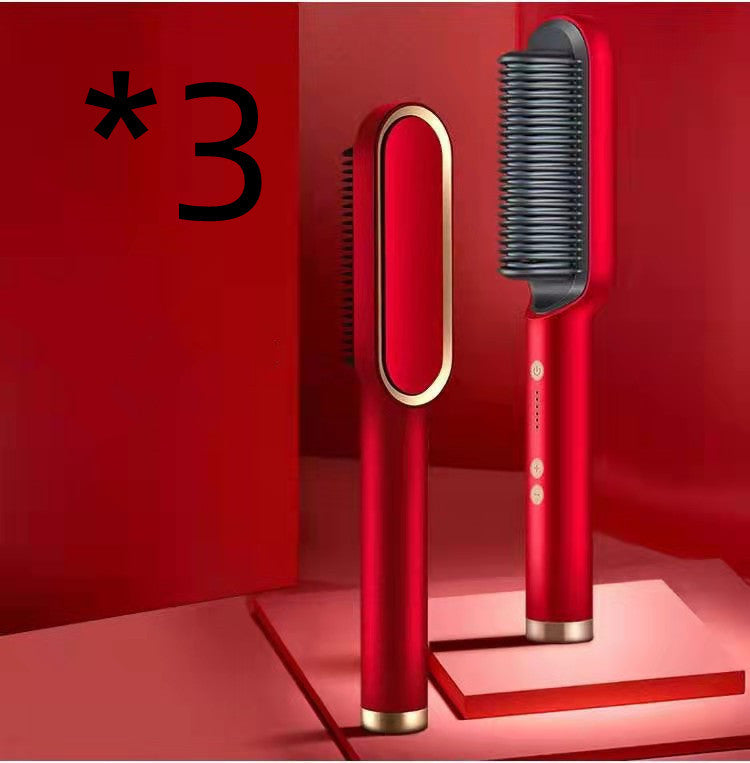 Red 2-in-1 hair straightener and hot comb brush with ceramic and tourmaline plates in a red setting
