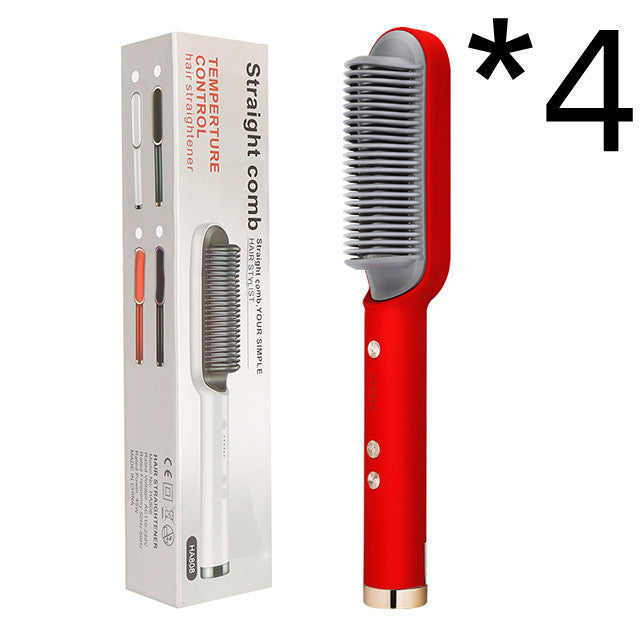 Red 2-in-1 hair straightener brush with temperature control standing next to its packaging box