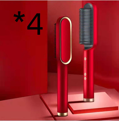 Red 2-in-1 hair straightener and hot comb brush with ceramic and tourmaline plates on a red background