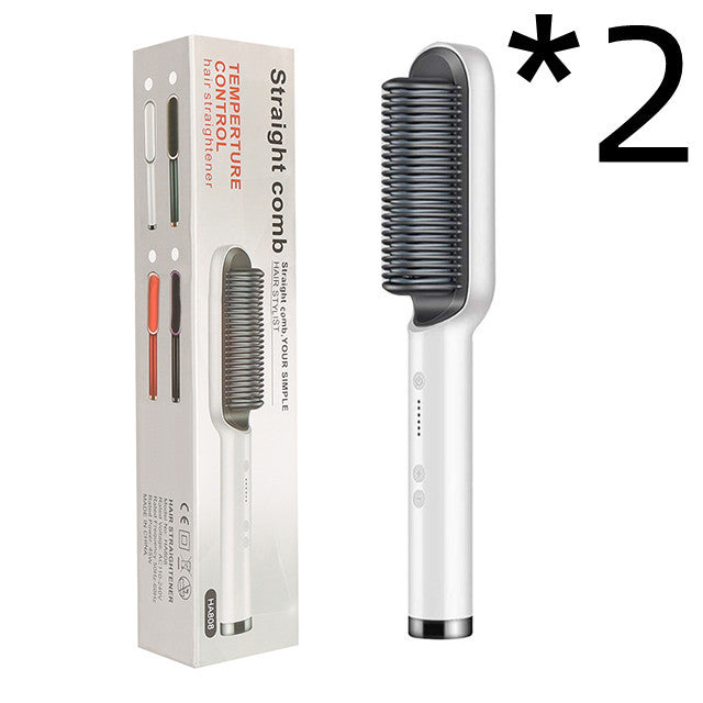 White temperature control hair straightening comb with black bristles and packaging box