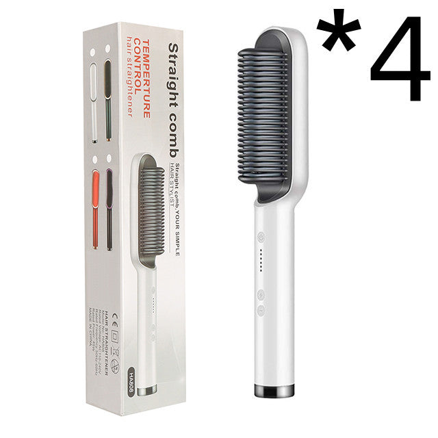 White temperature control hair straightener brush with ceramic comb and packaging box