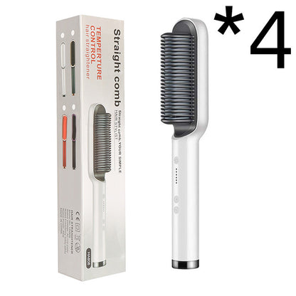 White temperature control hair straightener brush with ceramic comb and packaging box