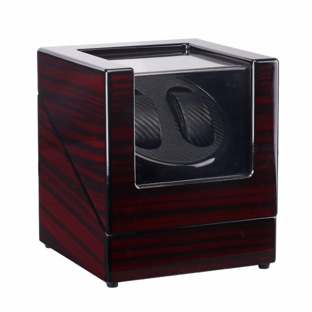 Black single head watch winder with glossy dark wood grain finish and clear display window