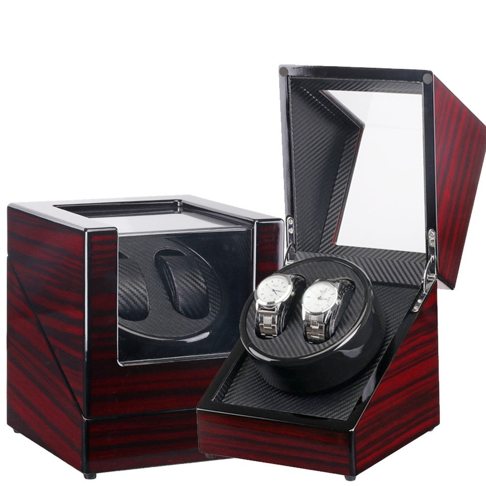 Black and mahogany watch winder with PU leather case holding two automatic silver watches