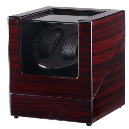 black single head watch winder with glossy dark wood finish and clear display window