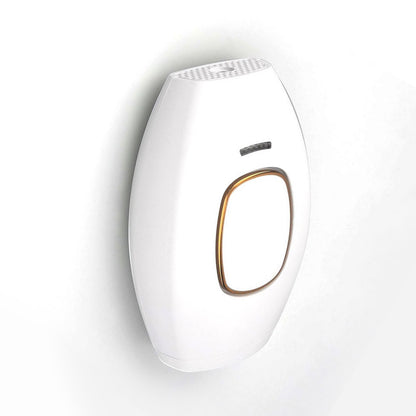white handheld IPL hair removal device with gold-accented button on white background