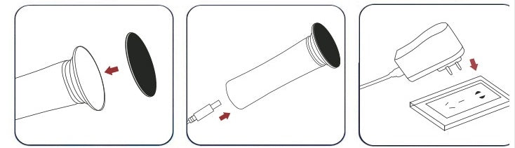 Illustration showing callus remover pad attachment, device charging cable connection, and charger plugged in for electric foot pedicure tool
