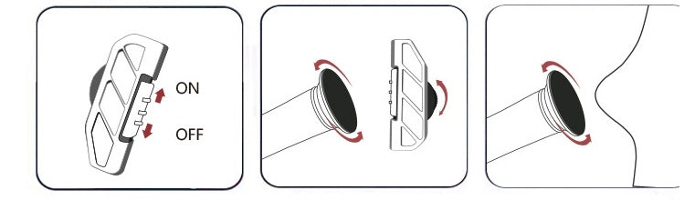 Step-by-step instructions showing how to turn on a device and rotate a round head for use on heel callus