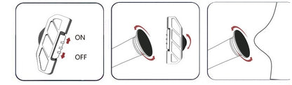 Step-by-step instructions showing how to turn on a device and rotate a round head for use on heel callus