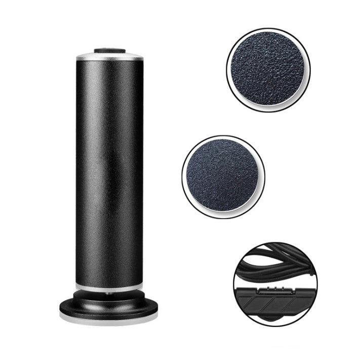 Black rechargeable electric callus remover with two roller heads and charging cable close-ups